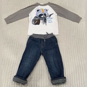 Gymboree Raccoon Football Tee & Dark Denim Fleece Lined Jeans 18-24 Months